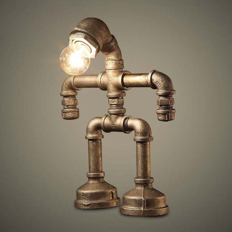 Vintage Stylish Sitting Robot Wrought Iron Table Lamp With Antique Brass Plumbing Pipe / C