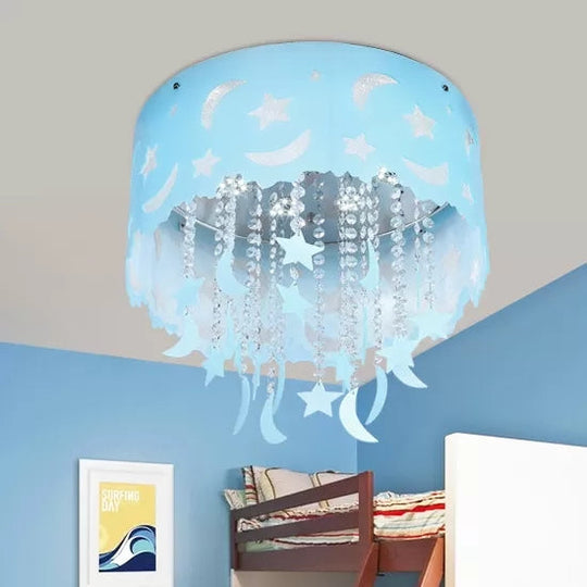 Blue Star & Moon LED Flush Mount Ceiling Light with Crystal Bead for Kids' Bedroom