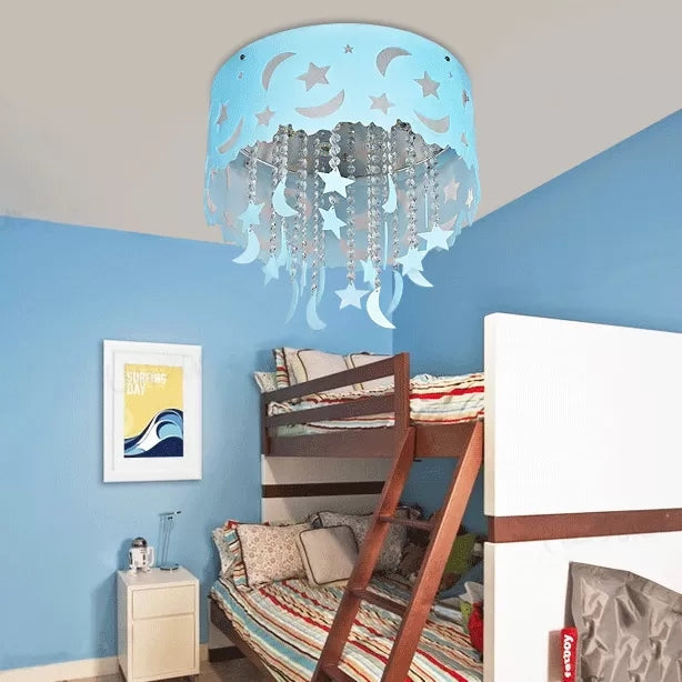 Blue Star & Moon LED Flush Mount Ceiling Light with Crystal Bead for Kids' Bedroom