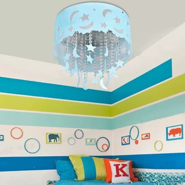 Blue Star & Moon LED Flush Mount Ceiling Light with Crystal Bead for Kids' Bedroom