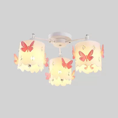 Etched Butterfly Pink Semi Flush Ceiling Light with Contemporary Cylinder Design