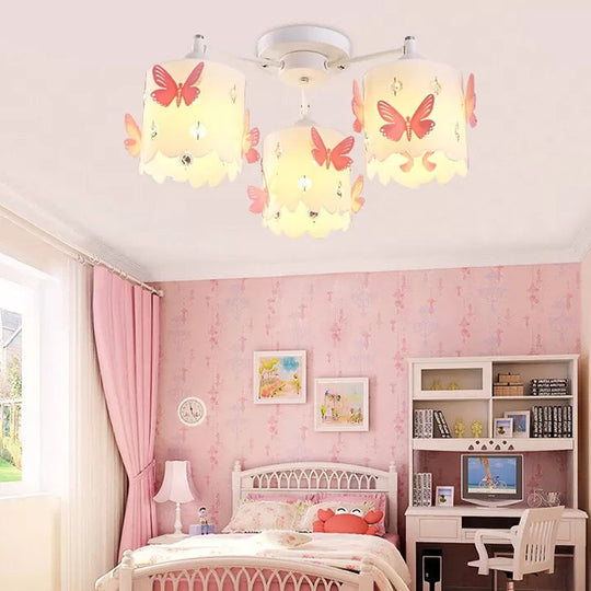 Etched Butterfly Pink Semi Flush Ceiling Light with Contemporary Cylinder Design