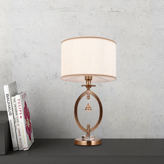 Minimal White Crystal Bedroom Table Lamp With Fabric Drum Shade Brass