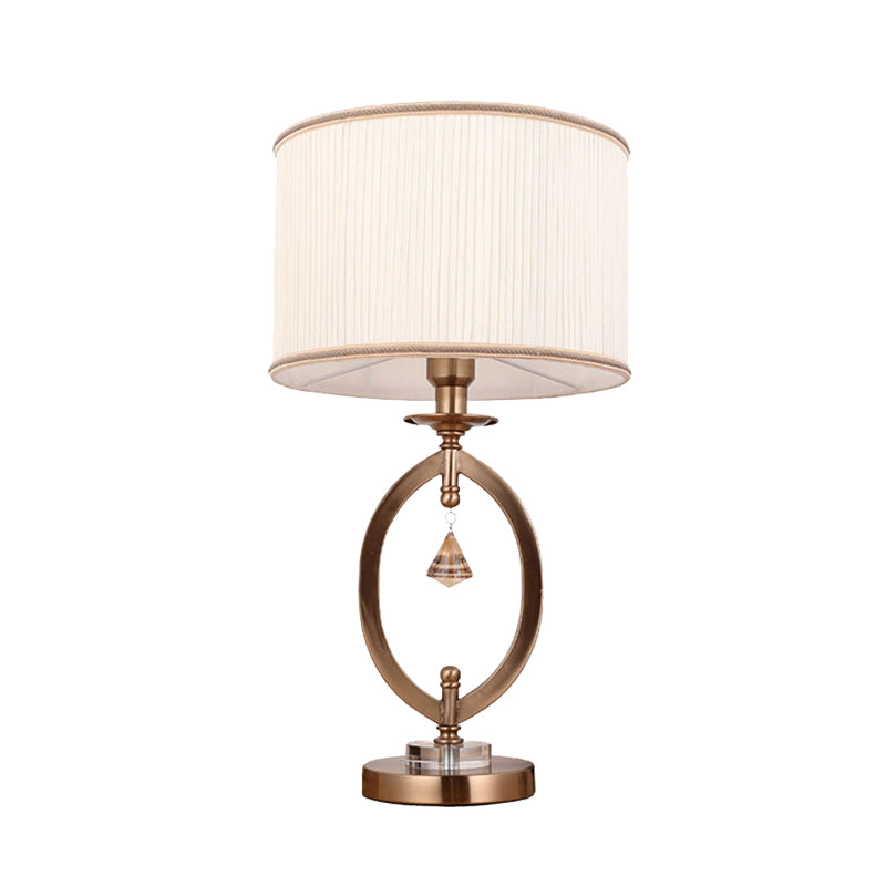 Minimal White Crystal Bedroom Table Lamp With Fabric Drum Shade