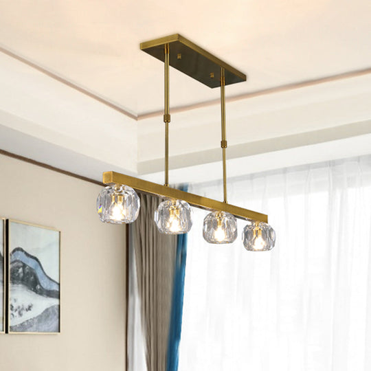 Minimalist Gold Island Pendant Light With Faceted Crystal Sphere And Linear Design - 3/4 Lights