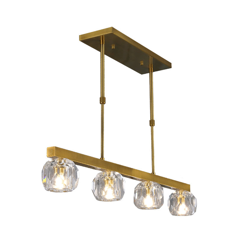 Minimalist Gold Island Pendant Light With Faceted Crystal Sphere And Linear Design - 3/4 Lights