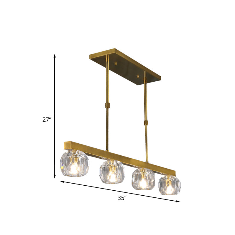 Minimalist Gold Island Pendant Light With Faceted Crystal Sphere And Linear Design - 3/4 Lights