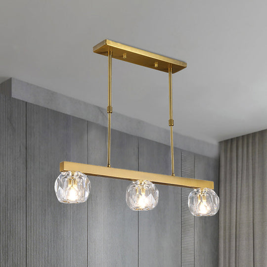 Minimalist Gold Island Pendant Light With Faceted Crystal Sphere And Linear Design - 3/4 Lights