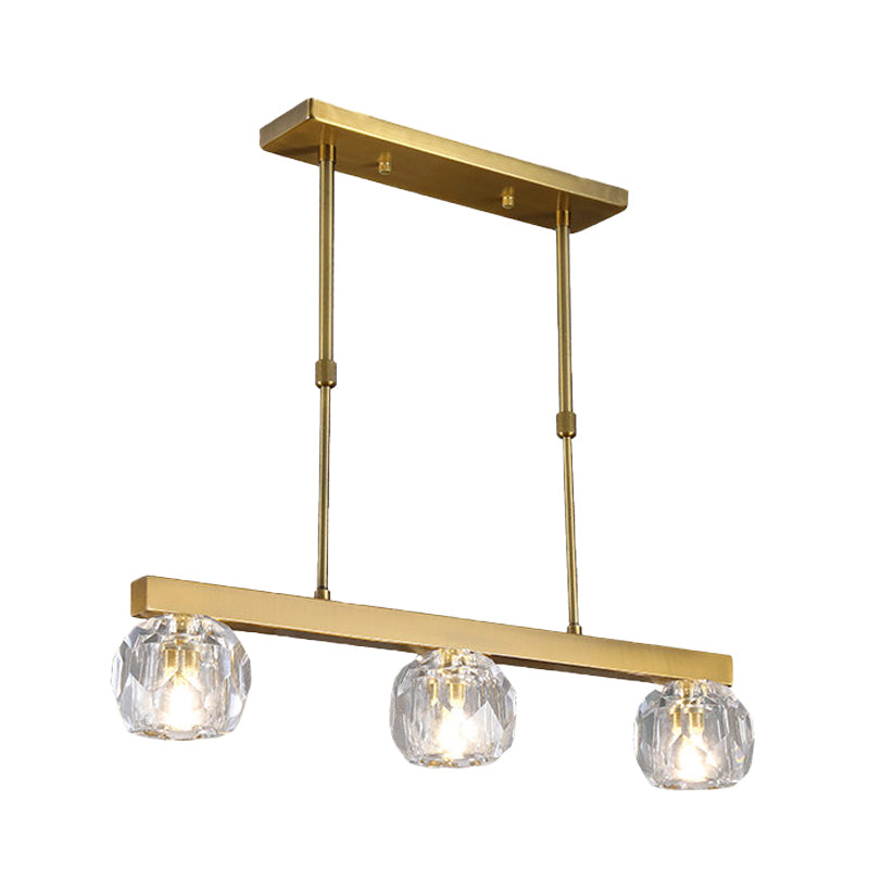 Minimalist Gold Island Pendant Light With Faceted Crystal Sphere And Linear Design - 3/4 Lights