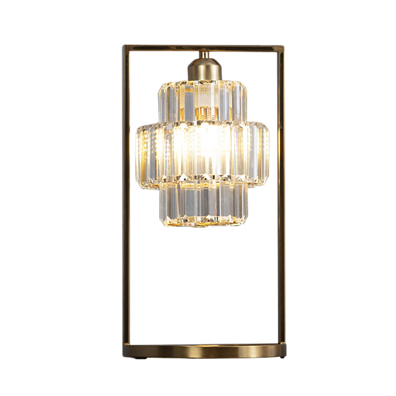 Sleek Crystal Table Lamp: Clear Tiered Round Light With Simplicity Brass Finish And Rectangular