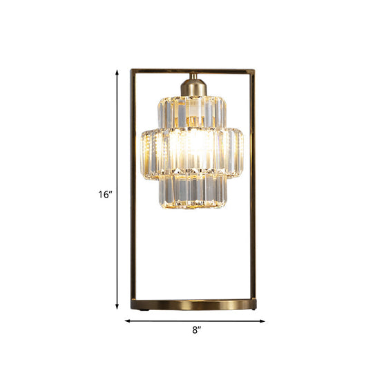 Sleek Crystal Table Lamp: Clear Tiered Round Light With Simplicity Brass Finish And Rectangular