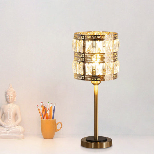 Brass Crystal Nightstand Lamp: Minimalist Cylindrical Insert Bedside Lighting With 1 Bulb