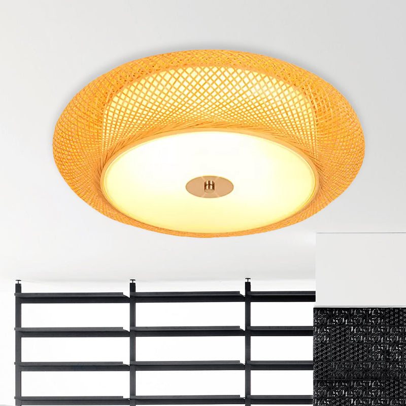 Yellow Bamboo LED Ceiling Light with Asian Drum Style - 16"/19.5" Width for Living Room Flushmounts