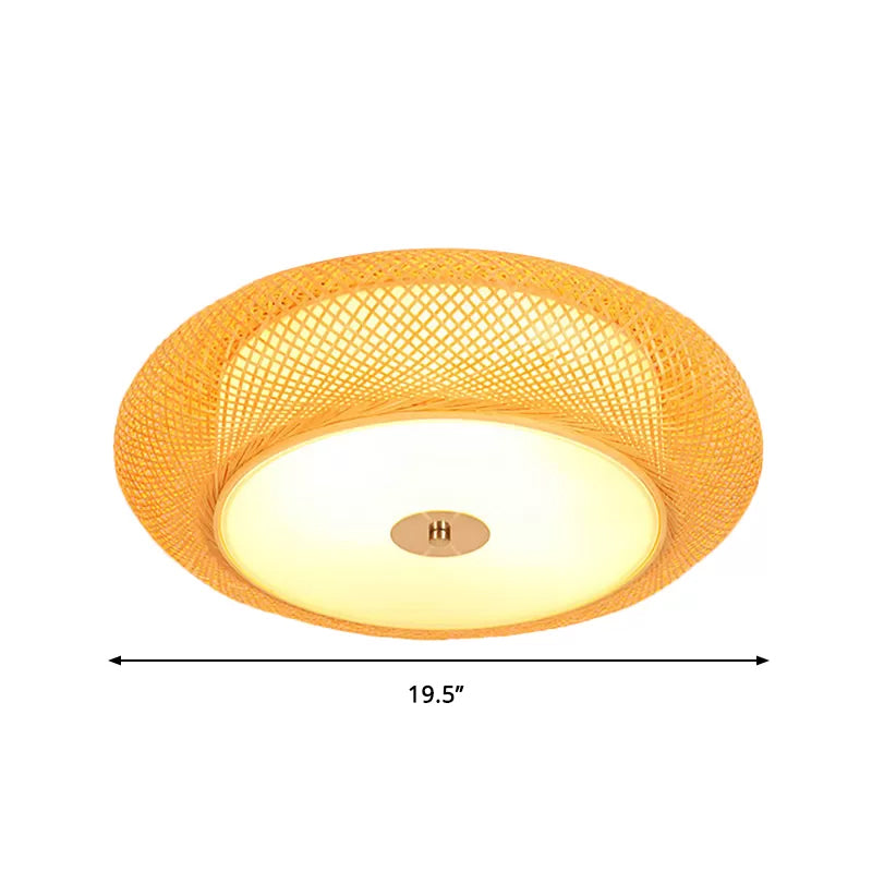 Yellow Bamboo LED Ceiling Light with Asian Drum Style - 16"/19.5" Width for Living Room Flushmounts