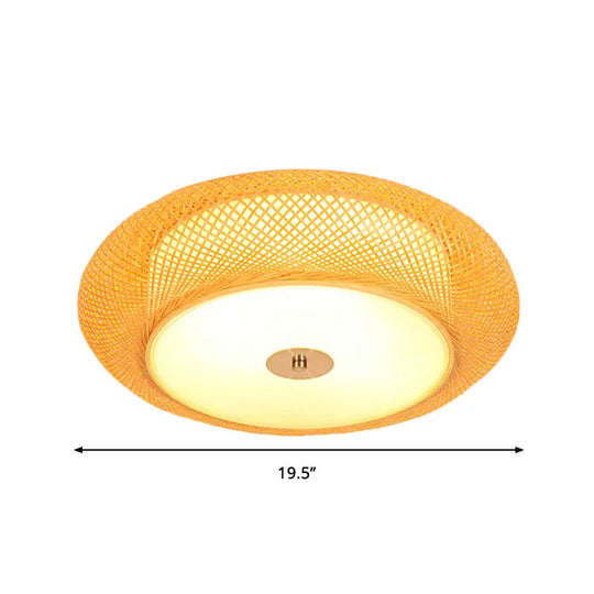 Yellow Bamboo LED Ceiling Light with Asian Drum Style - 16"/19.5" Width for Living Room Flushmounts