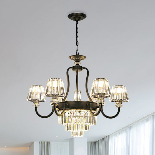 Modern Black Crystal Cone Chandelier W/ Prismatic Shades 3/6-Light For Restaurants