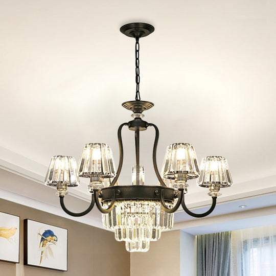 Modern Black Crystal Cone Chandelier W/ Prismatic Shades 3/6-Light For Restaurants