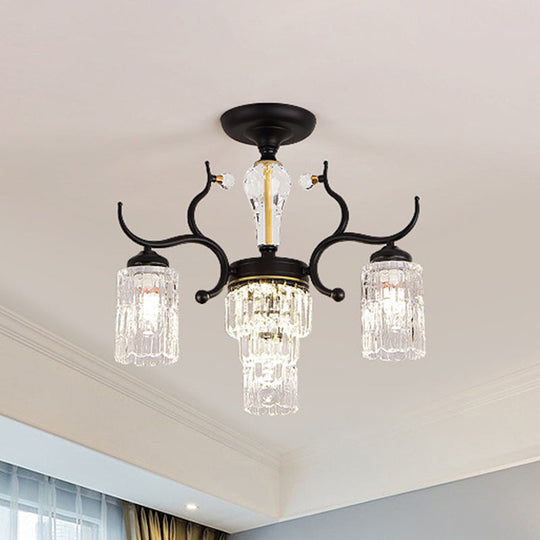 Contemporary Crystal Black Flush Chandelier -Cylindrical Bedroom Semi Ceiling Mount Lamp (3/6 Heads)