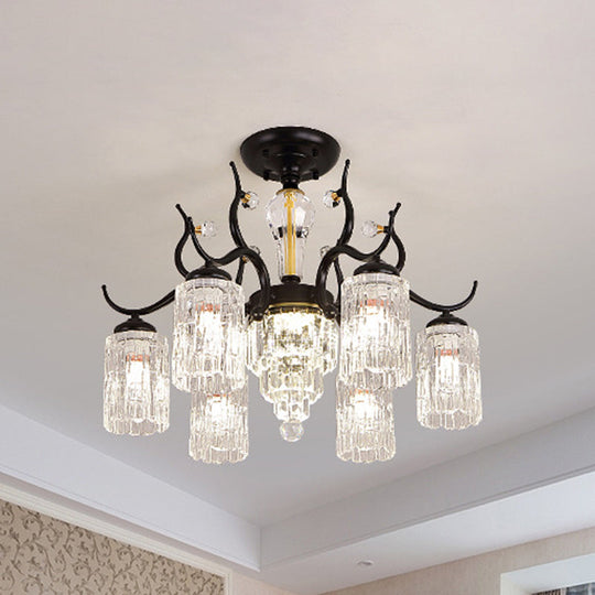 Contemporary Crystal Black Flush Chandelier -Cylindrical Bedroom Semi Ceiling Mount Lamp (3/6 Heads)