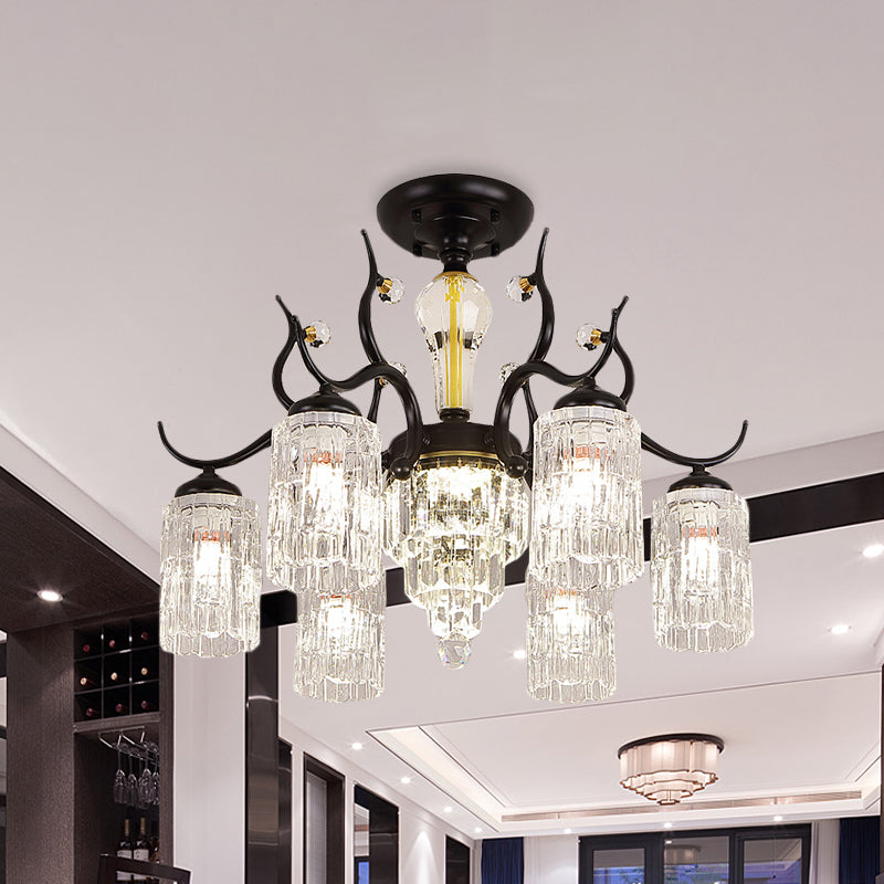 Contemporary Crystal Black Flush Chandelier -Cylindrical Bedroom Semi Ceiling Mount Lamp (3/6 Heads)