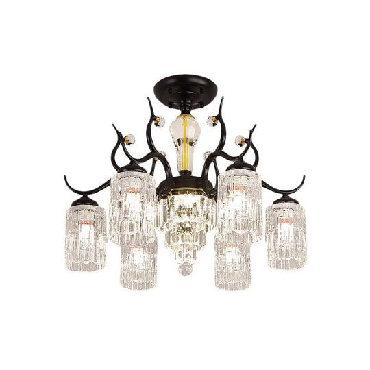 Contemporary Crystal Black Flush Chandelier -Cylindrical Bedroom Semi Ceiling Mount Lamp (3/6 Heads)