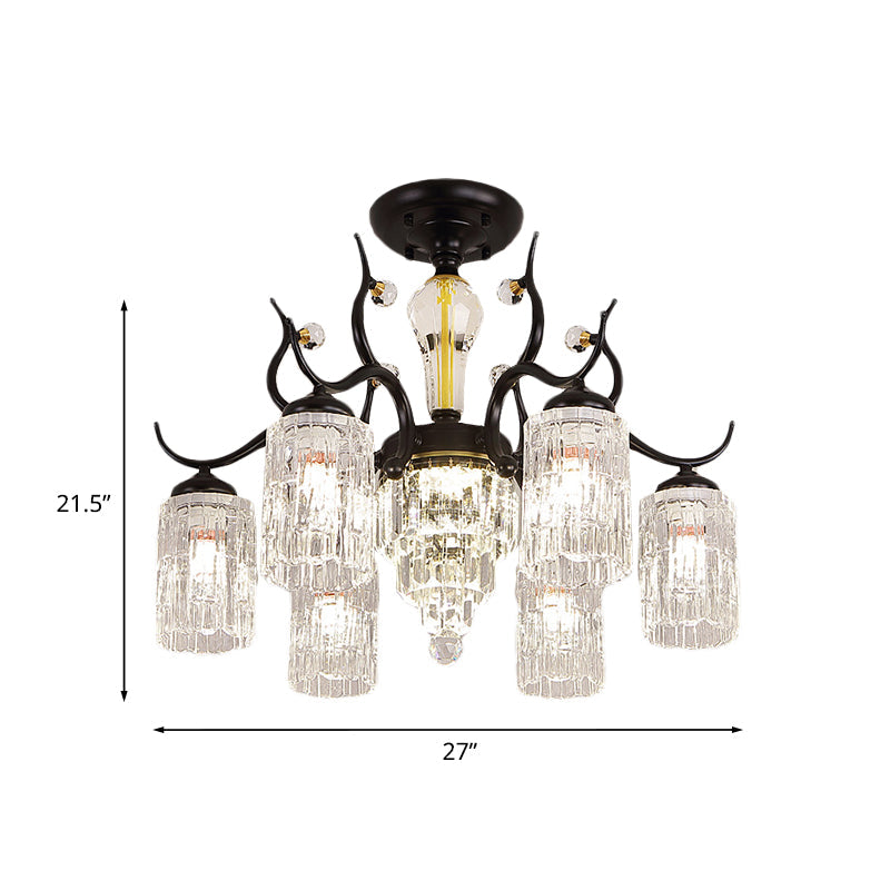 Contemporary Crystal Black Flush Chandelier -Cylindrical Bedroom Semi Ceiling Mount Lamp (3/6 Heads)