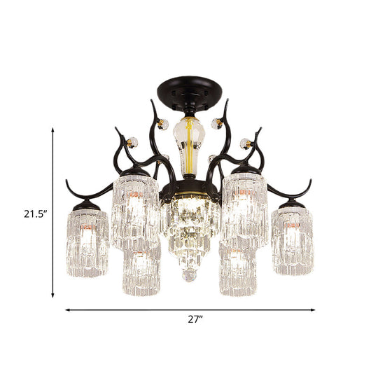 Contemporary Crystal Black Flush Chandelier -Cylindrical Bedroom Semi Ceiling Mount Lamp (3/6 Heads)