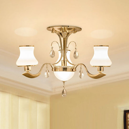 Traditional Gold Pear Shaped Bedroom Ceiling Light with Milk Glass Semi Mount - 3/6 Bulbs