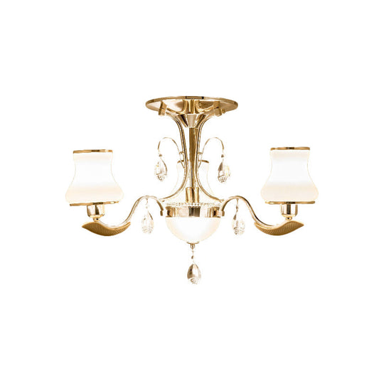 Traditional Gold Pear Shaped Bedroom Ceiling Light With Milk Glass Semi Mount - 3/6 Bulbs