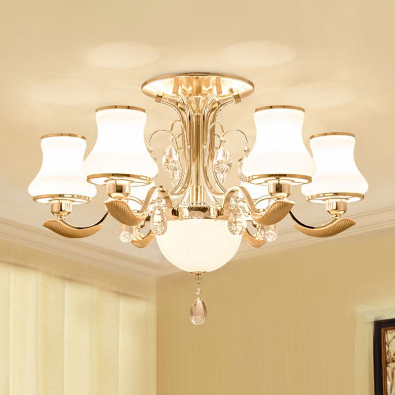 Traditional Gold Pear Shaped Bedroom Ceiling Light with Milk Glass Semi Mount - 3/6 Bulbs