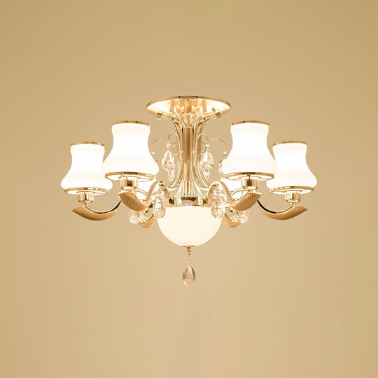 Traditional Gold Pear Shaped Bedroom Ceiling Light with Milk Glass Semi Mount - 3/6 Bulbs