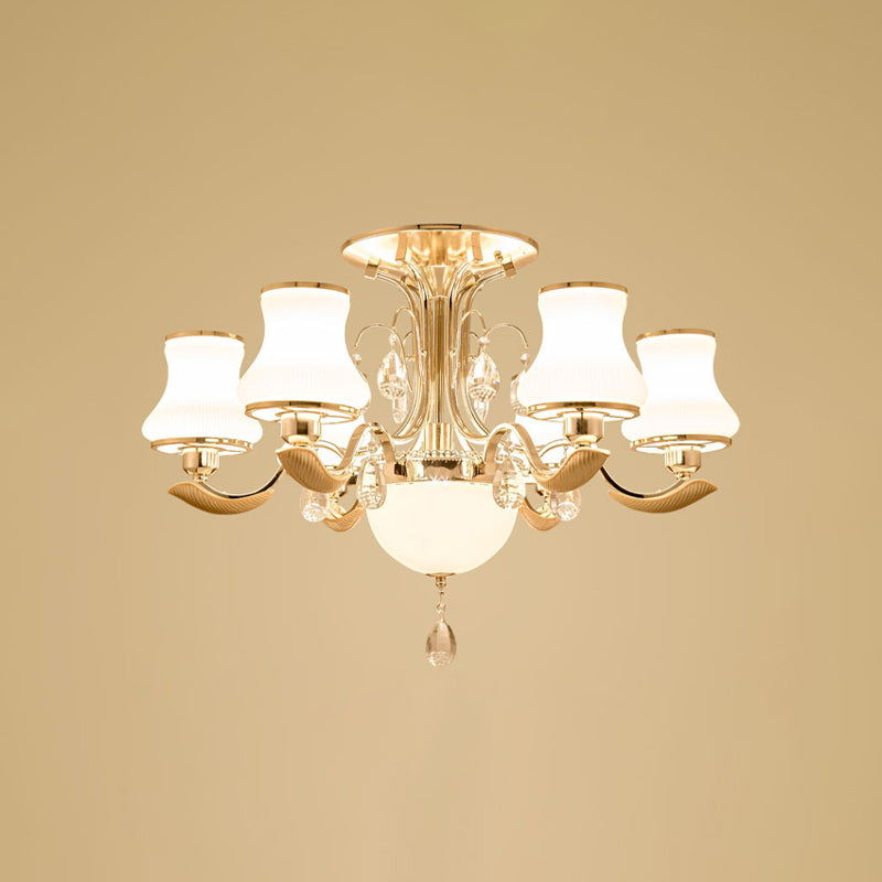 Traditional Gold Pear Shaped Bedroom Ceiling Light With Milk Glass Semi Mount - 3/6 Bulbs