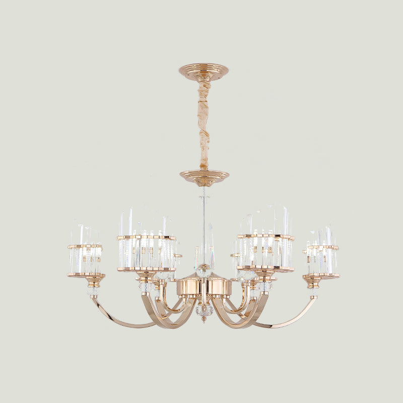 Modern Gold Swoop Arm Chandelier With Crystal Prisms - 6-Light Dining Table Suspension Lamp