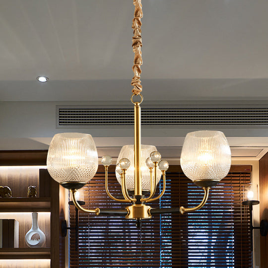 Up Chandelier In Brass: Ribbed Glass Snifter Cup Pendant Lamp - Postmodern 3/6 Heads For Dining Room