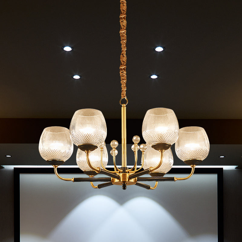 Up Chandelier In Brass: Ribbed Glass Snifter Cup Pendant Lamp - Postmodern 3/6 Heads For Dining Room