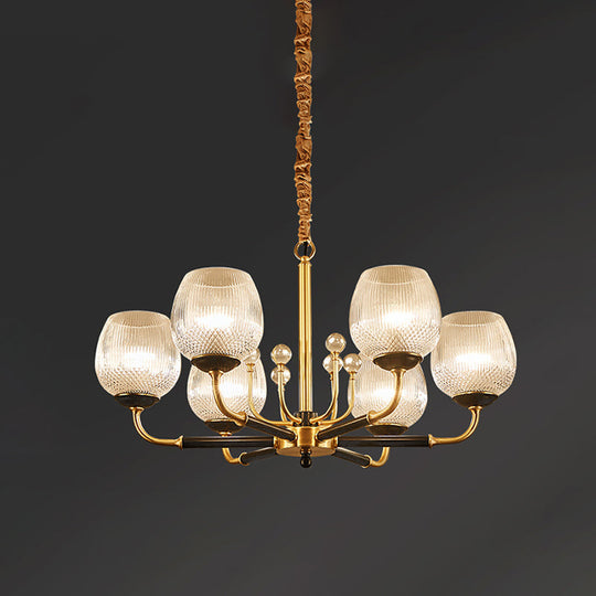 Up Chandelier In Brass: Ribbed Glass Snifter Cup Pendant Lamp - Postmodern 3/6 Heads For Dining Room