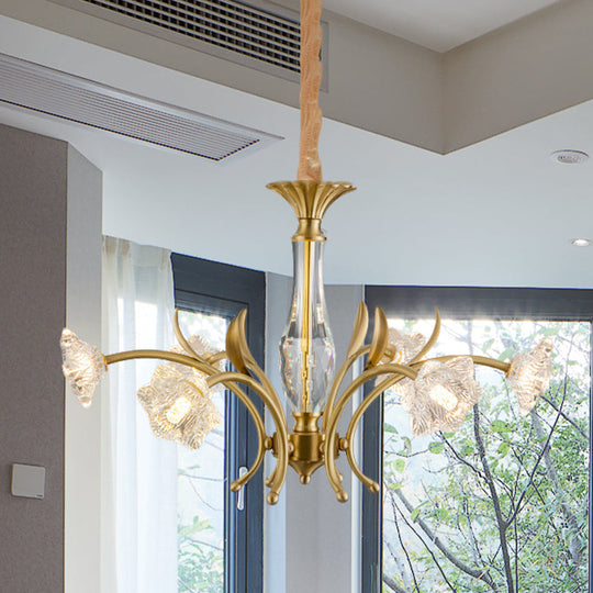 6-Light Gold Crystal Flower Chandelier Pendant Lamp For Dining Table