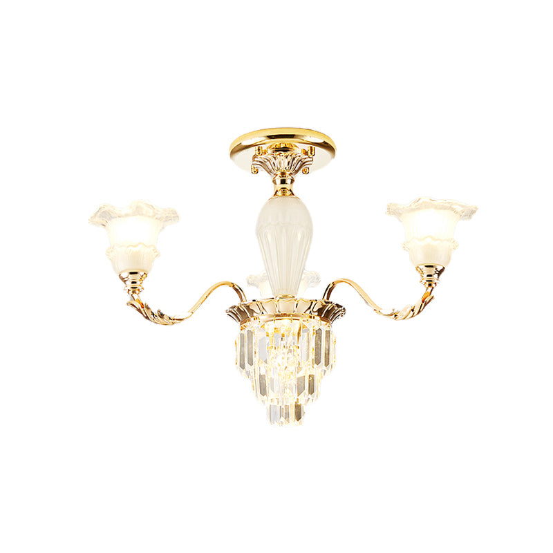 Modern Bellflower Frosted Glass Semi Flush Light Chandelier- Gold with Crystal Accent