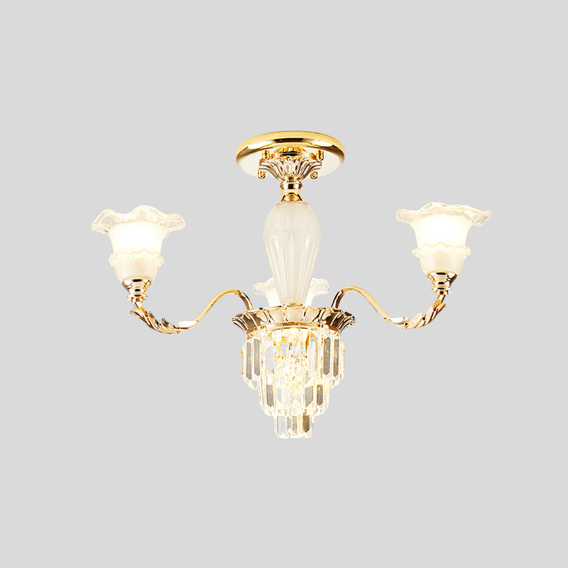 Modern Bellflower Frosted Glass Semi Flush Light Chandelier- Gold with Crystal Accent