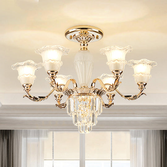 Modern Bellflower Frosted Glass Semi Flush Light Chandelier- Gold with Crystal Accent