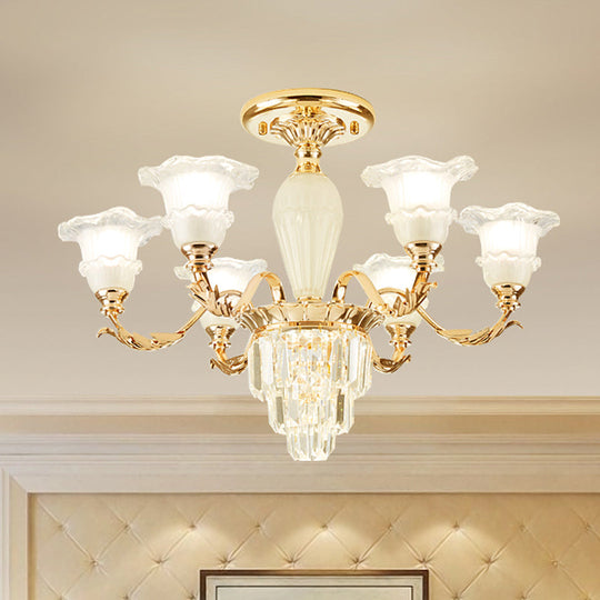 Modern Bellflower Frosted Glass Semi Flush Light Chandelier- Gold with Crystal Accent