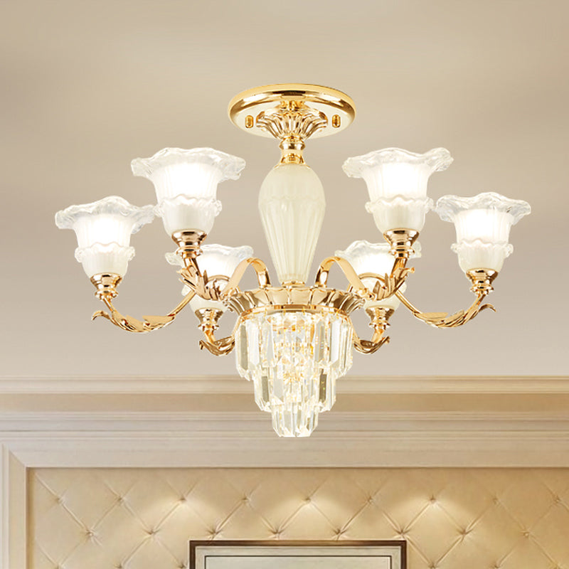 Modern Bellflower Frosted Glass Semi Flush Light Chandelier- Gold With Crystal Accent