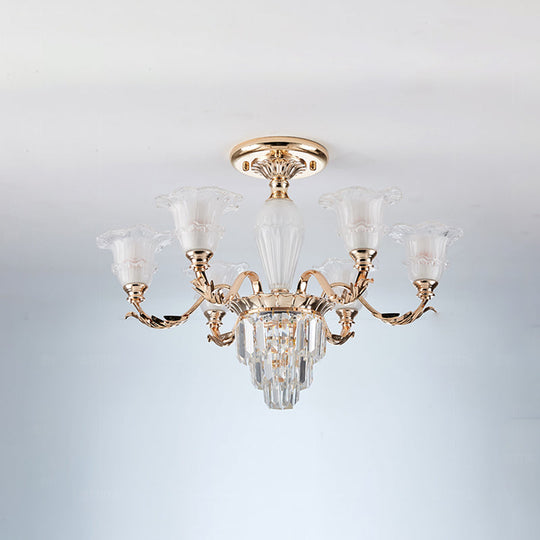 Modern Bellflower Frosted Glass Semi Flush Light Chandelier- Gold with Crystal Accent