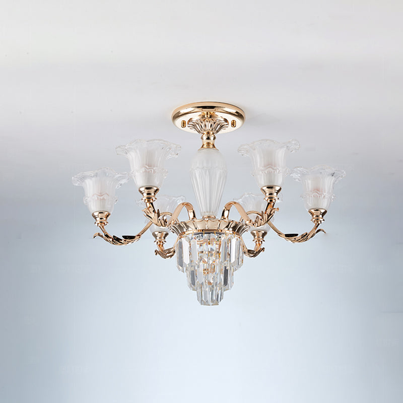 Modern Bellflower Frosted Glass Semi Flush Light Chandelier- Gold With Crystal Accent