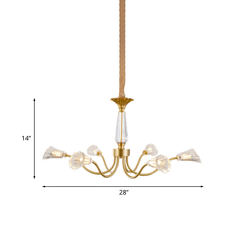 Postmodern Gold Ribbed Crystal Cone Chandelier - 6-Head Burst Design Hanging Light Fixture