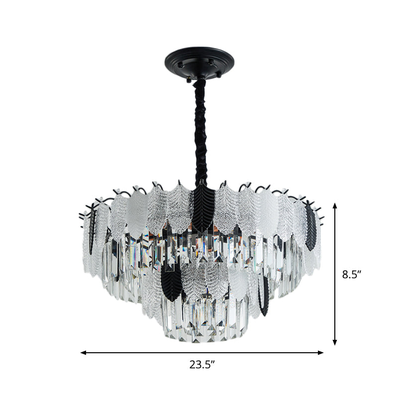 Modernist Crystal Tiered Ceiling Chandelier - 11 Lights Black Hanging Light Kit With Leaf Acrylic