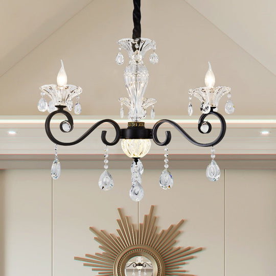 Modernist Scroll Pendant Chandelier - Clear Crystal 3 Bulbs Black