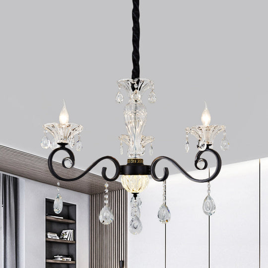 Modernist Scroll Pendant Chandelier - Clear Crystal 3 Bulbs Black