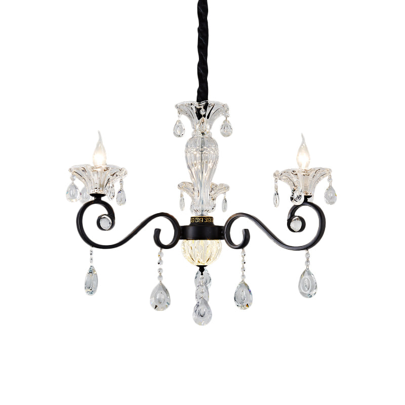 Modernist Scroll Pendant Chandelier - Clear Crystal 3 Bulbs Black