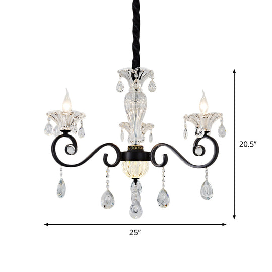 Modernist Scroll Pendant Chandelier - Clear Crystal 3 Bulbs Black